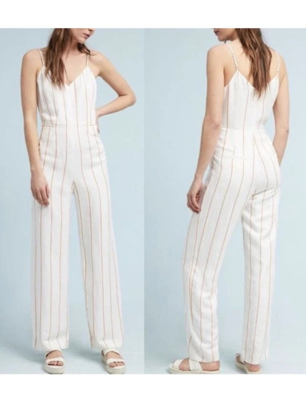 Anthropologie White Linen Pinstripe V-Neck Jumpsuit